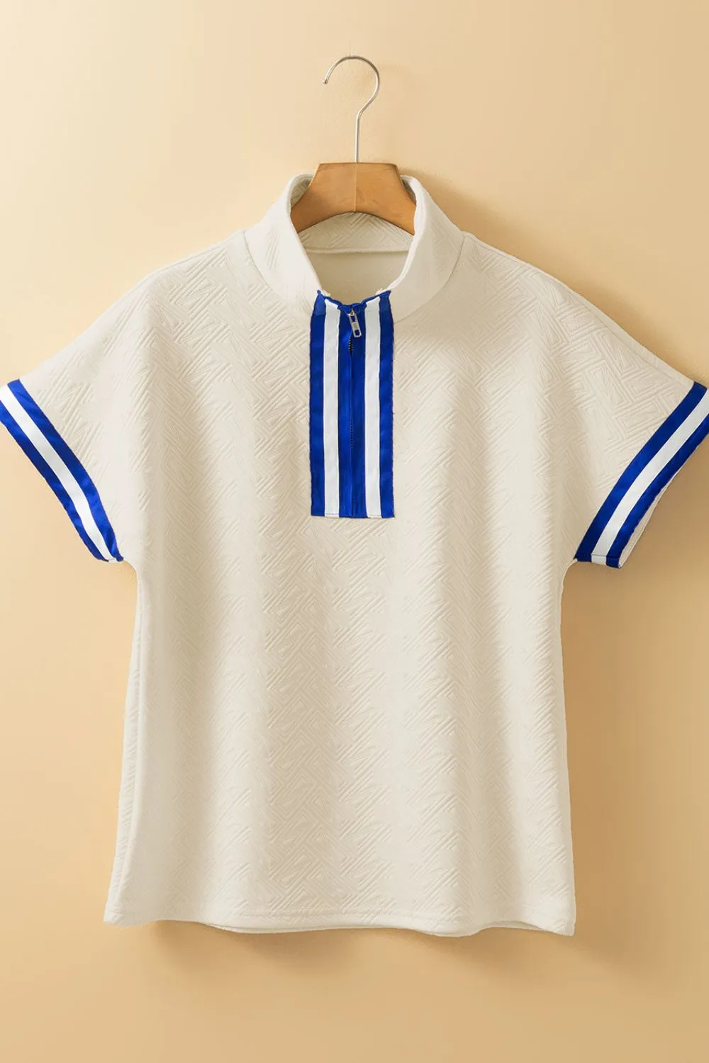 Striped Trim Textured Quarter Zipper Short Sleeve Top, image 6