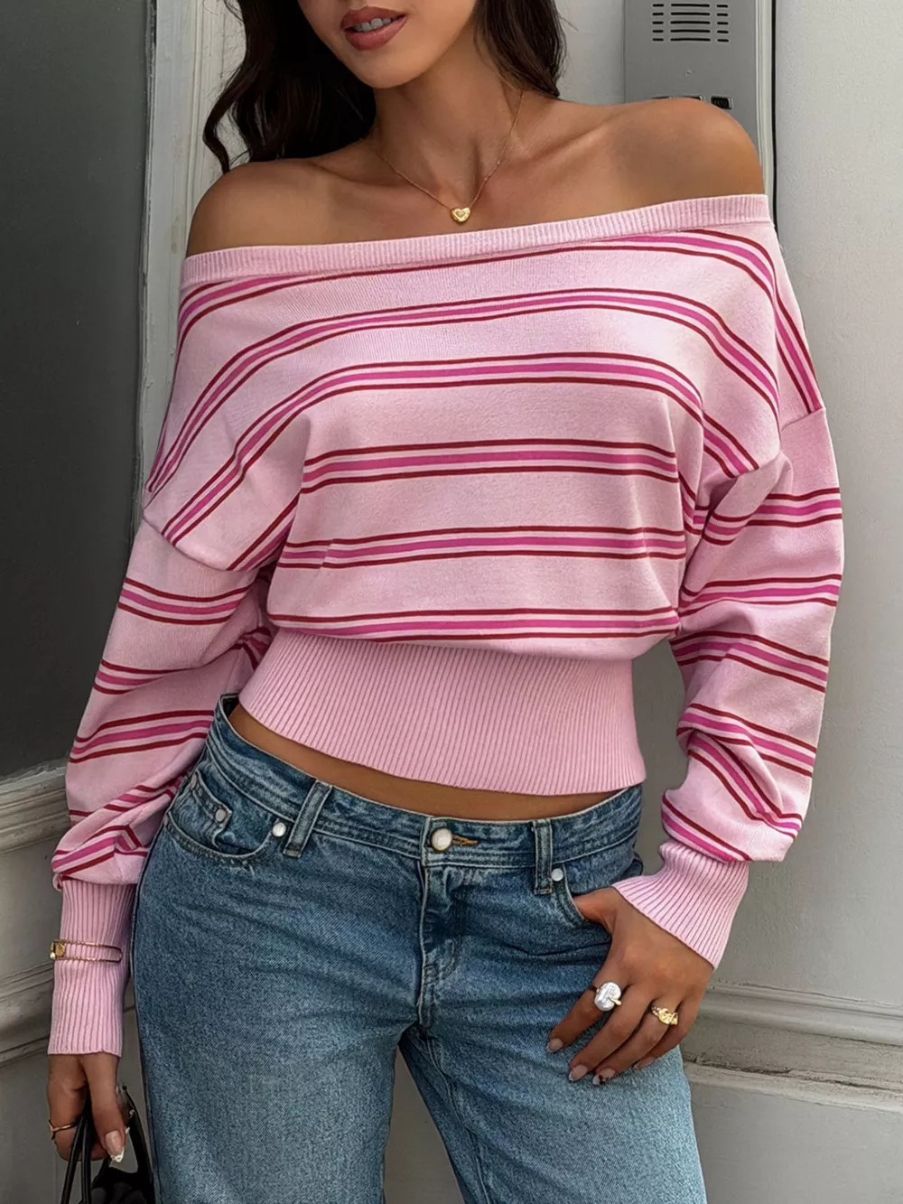 Off-Shoulder Striped Knit Top, image 3