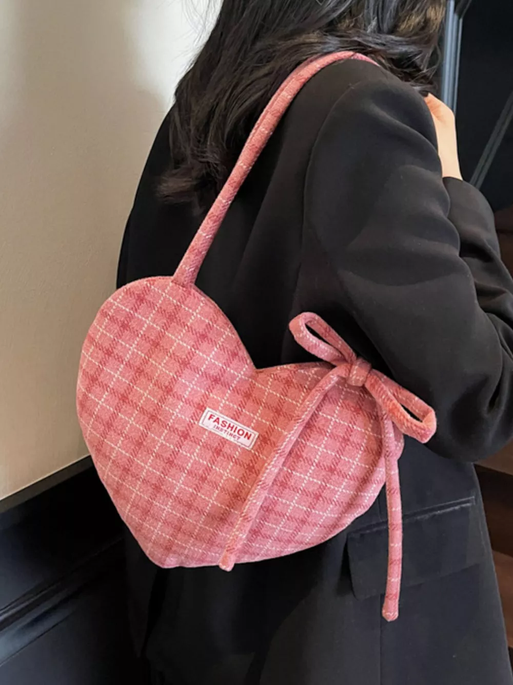 Heart-Shaped Plaid Shoulder Bag, image 8