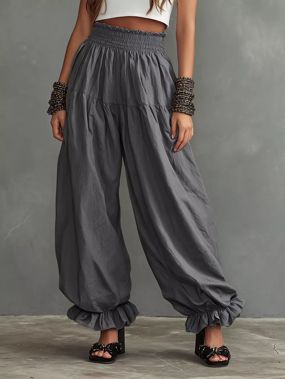 Full Size Smocked Ruffle Hem Wide Leg Pants Plus Size, image 10