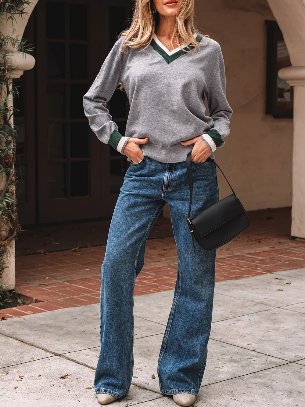 V-Neck Striped Trim Long Sleeve Sweater, image 2
