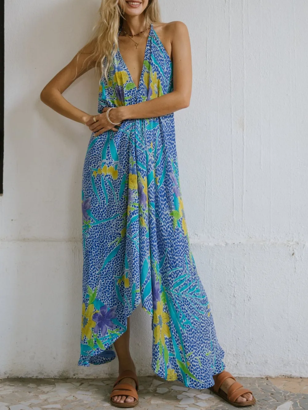 Asymmetrical Hem Printed Halter Neck Dress