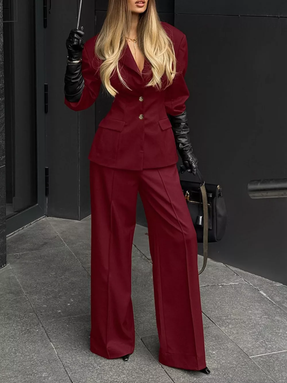 Lapel Collar Blazer and Wide-Leg Pants Set, image 3