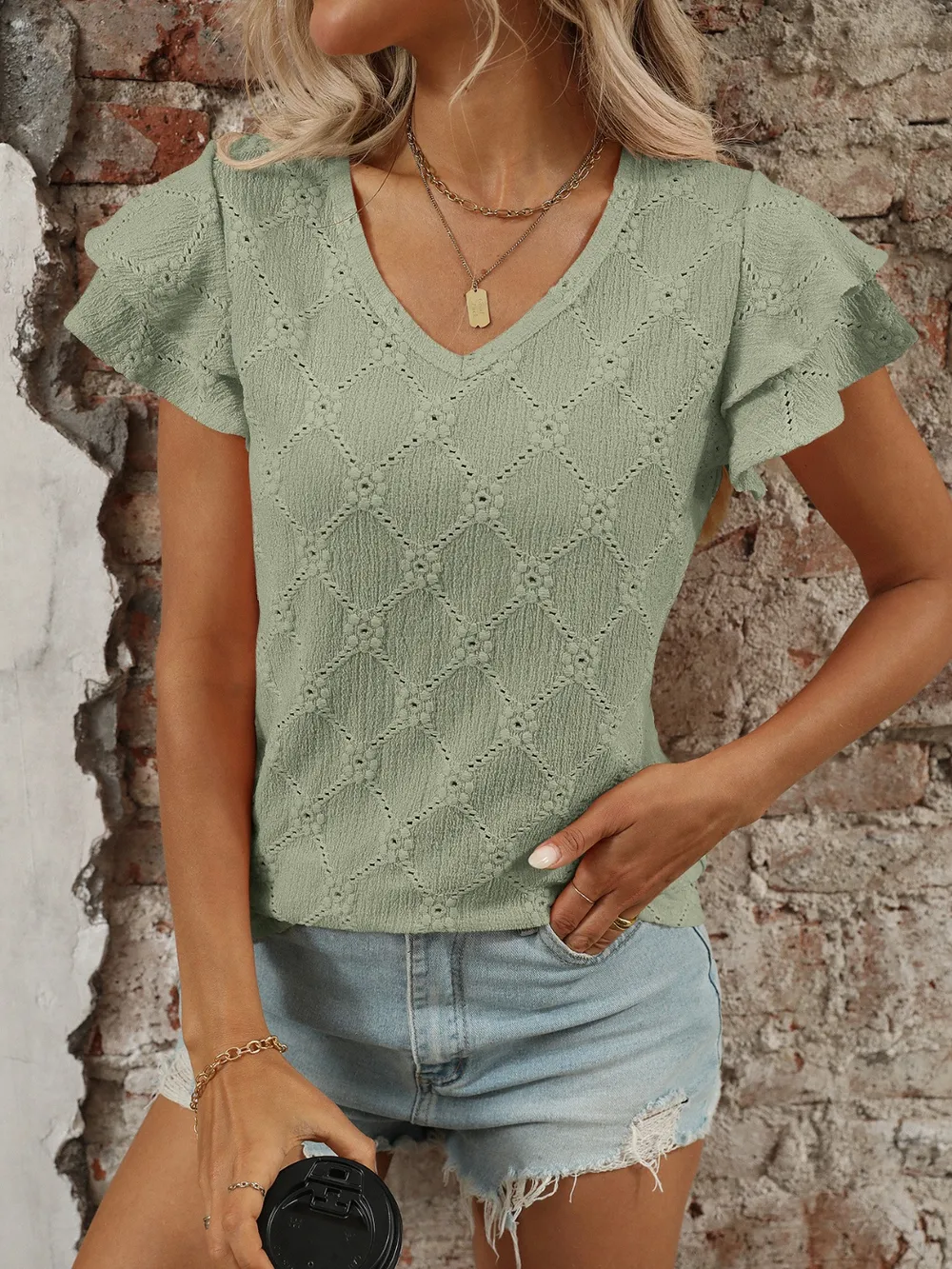 Eyelet V-Neck Ruffled Cap Sleeve Top, image 24