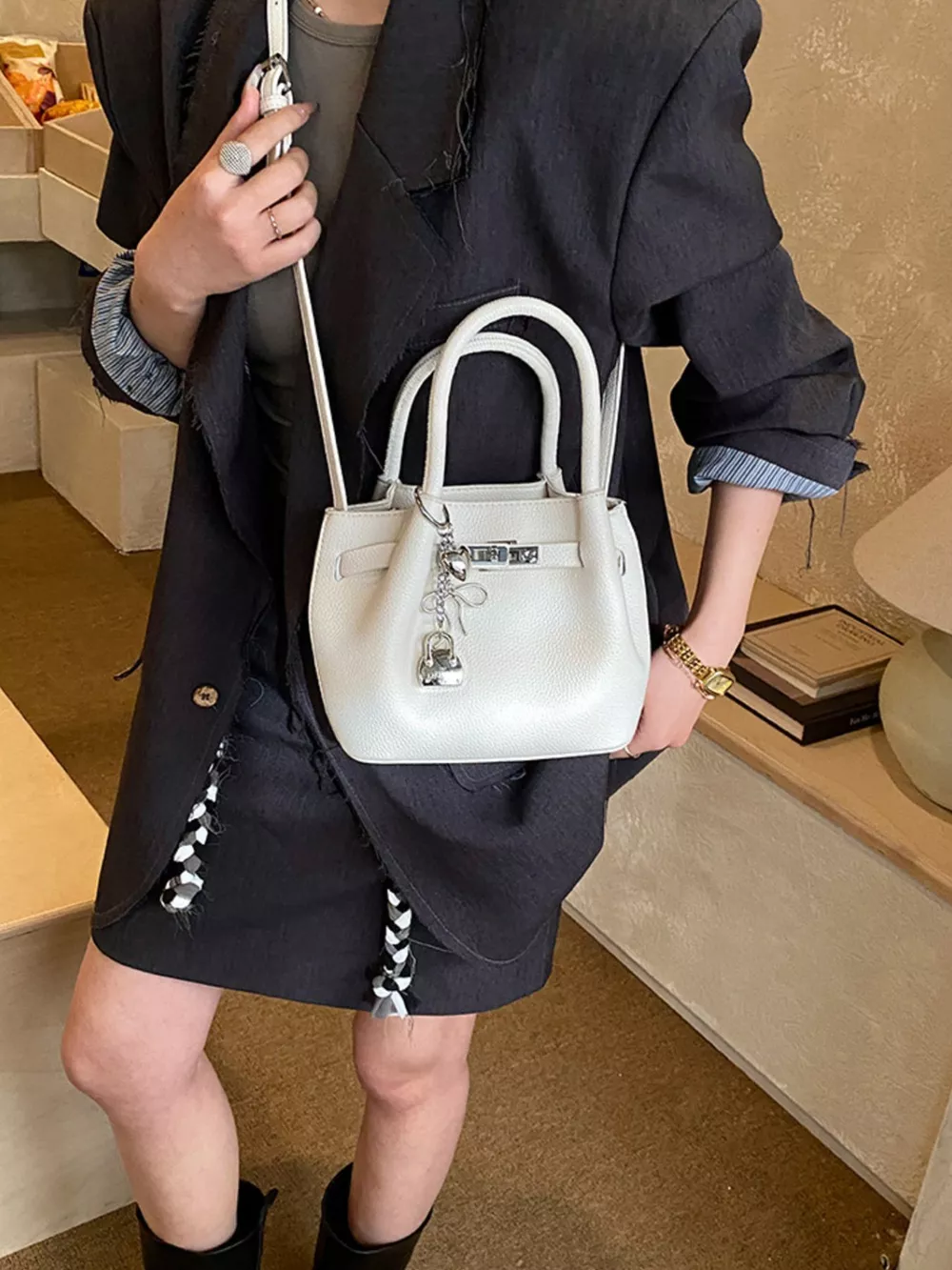 Leather Crossbody Bag with Lock Detail, image 3