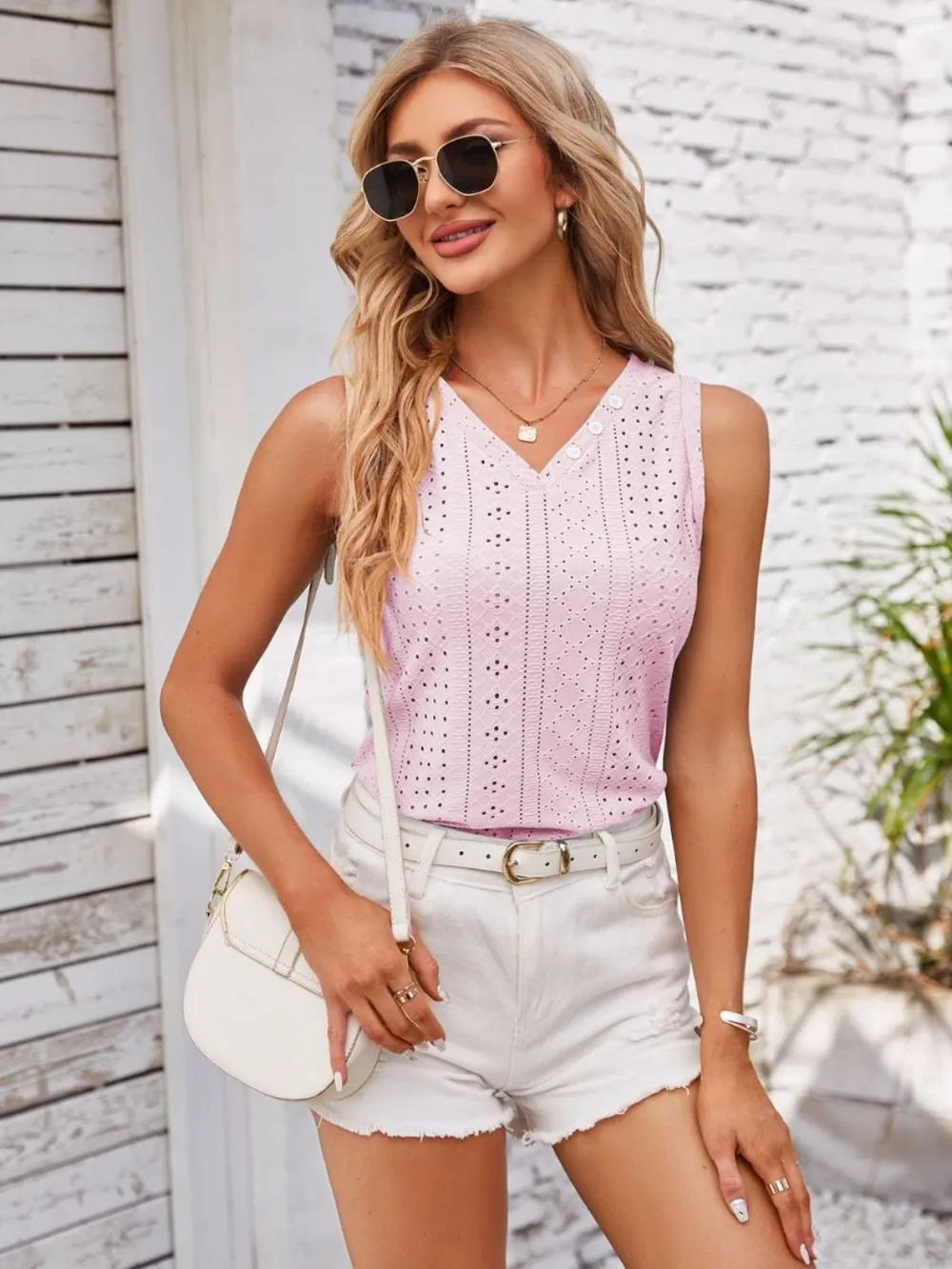 Eyelet Decorative Button V-Neck Tank, image 13