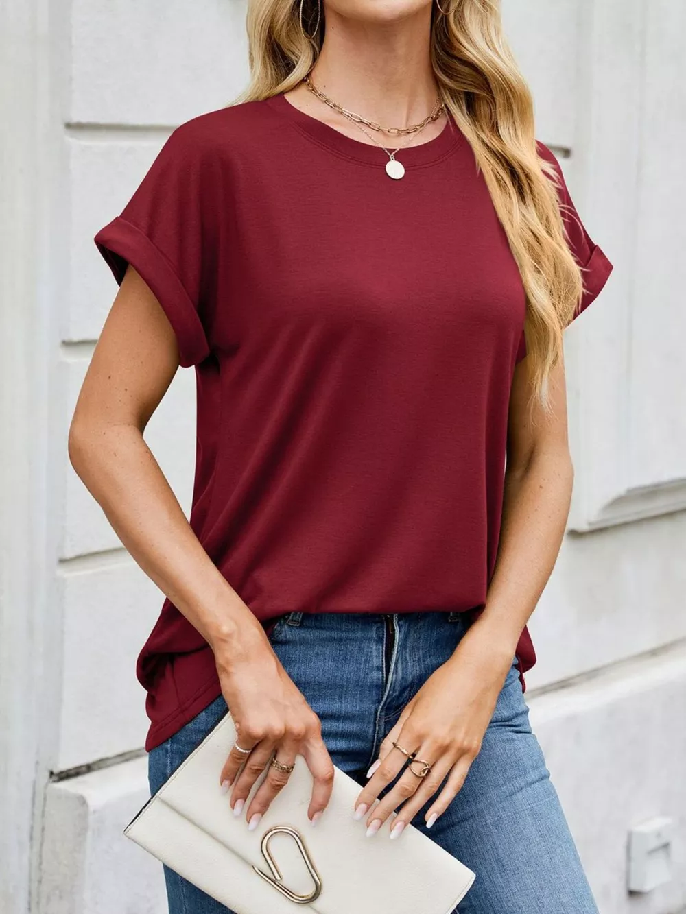 Casual Rolled Sleeve Solid Color T-Shirt, image 23