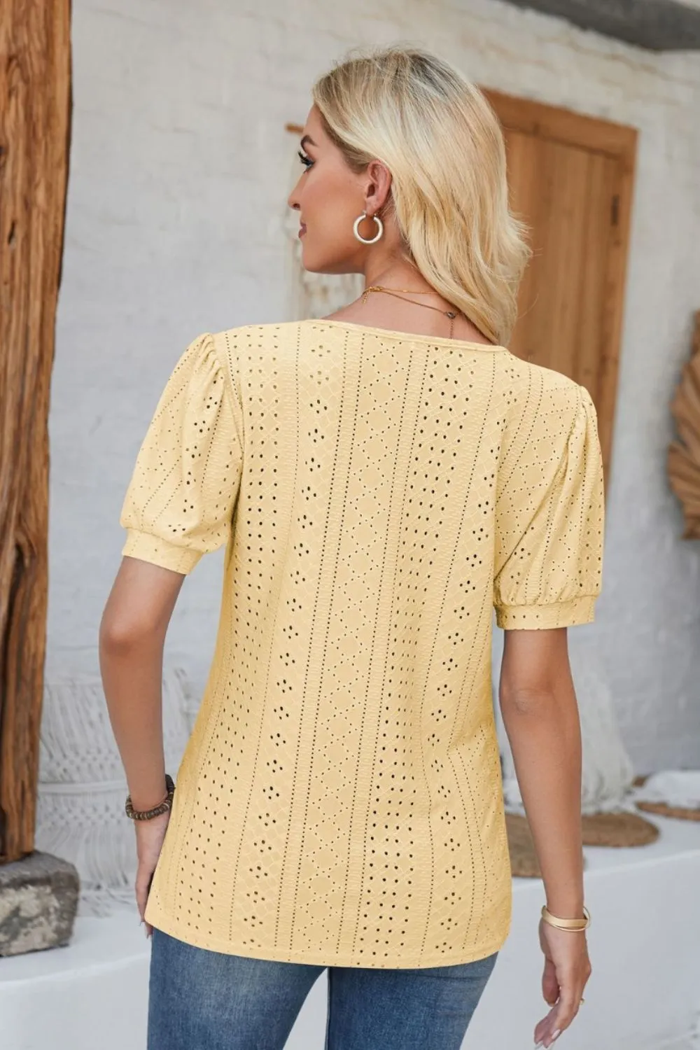 Eyelet Round Neck Short Sleeve Blouse, image 19