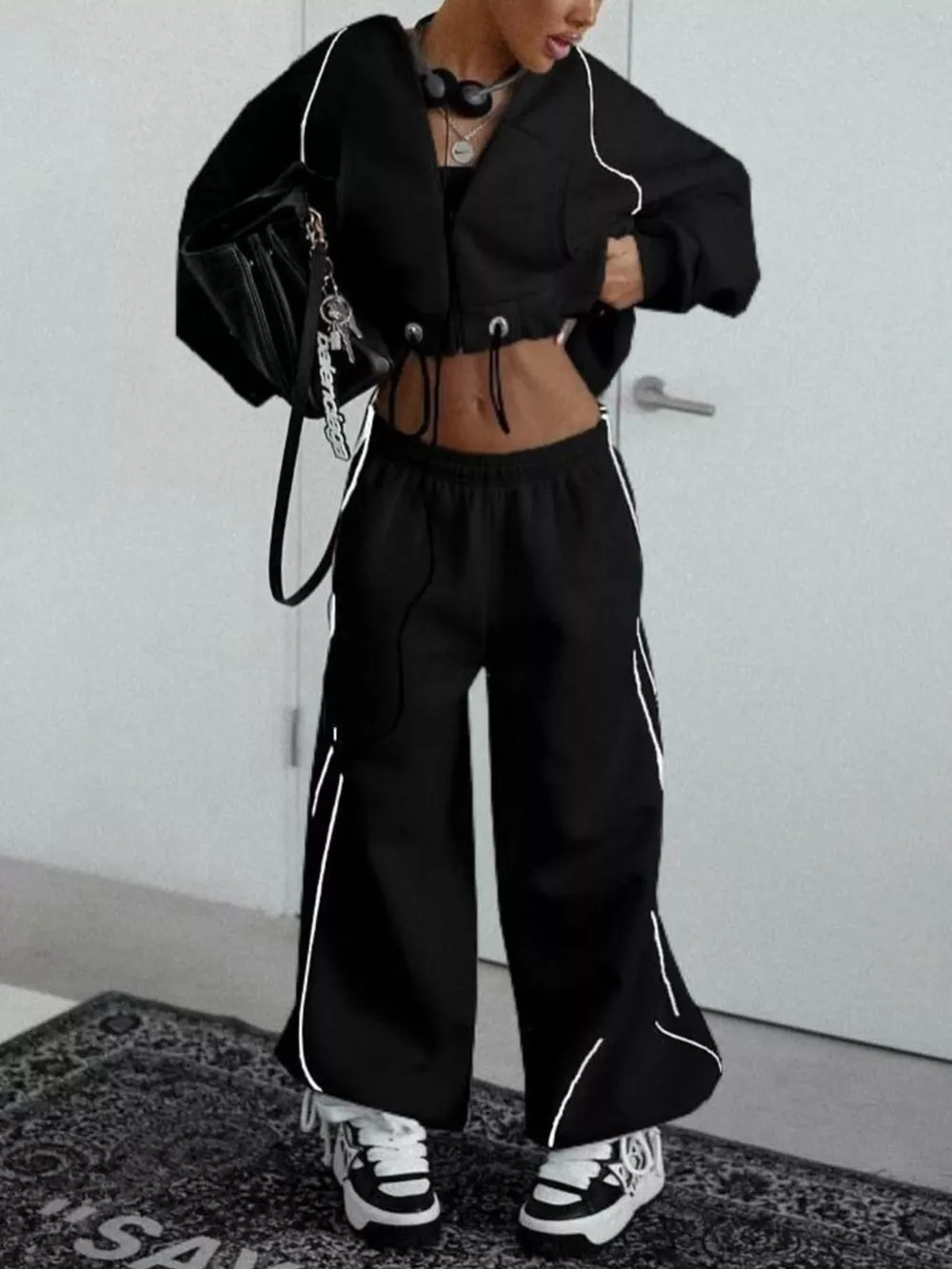 Cropped Zip-Up Hoodie and Wide-Leg Sweatpants Lounge Set, image 8