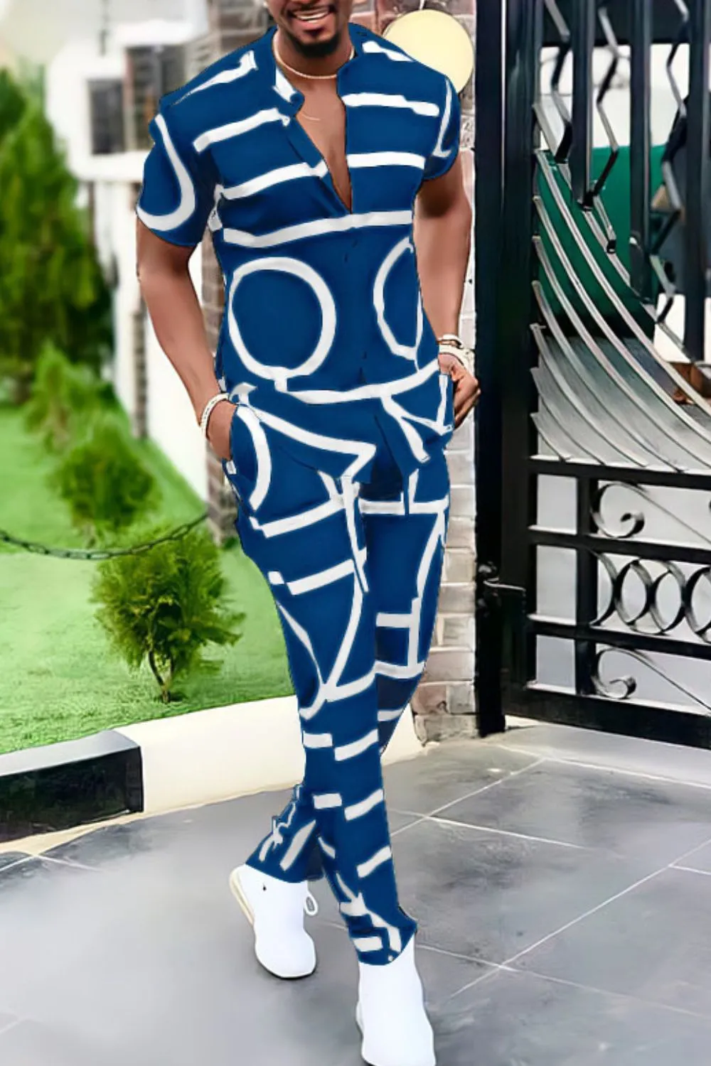 Men's Full Size Geo Print Short Sleeve Top and Pants Set Plus Size, image 6