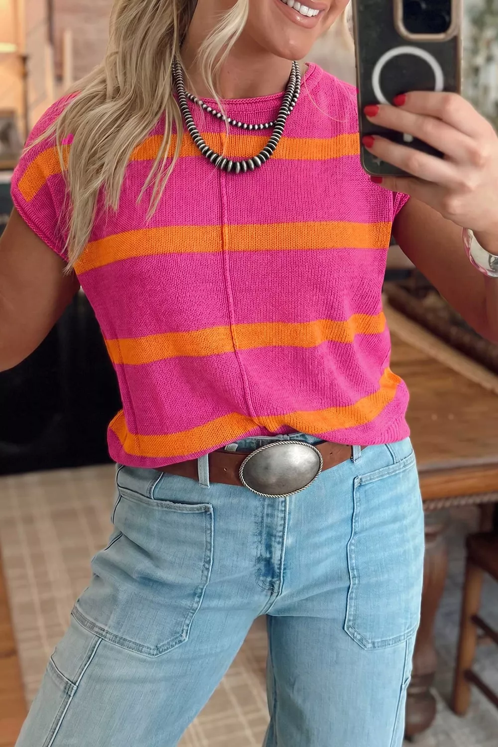 Stripe Knit Western Short Sleeve Sweater, image 2