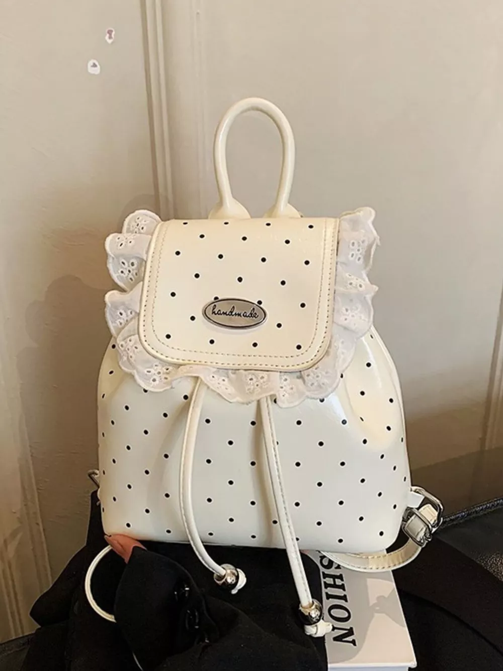 Polka Dot Lace Trim Backpack Bag, image 6