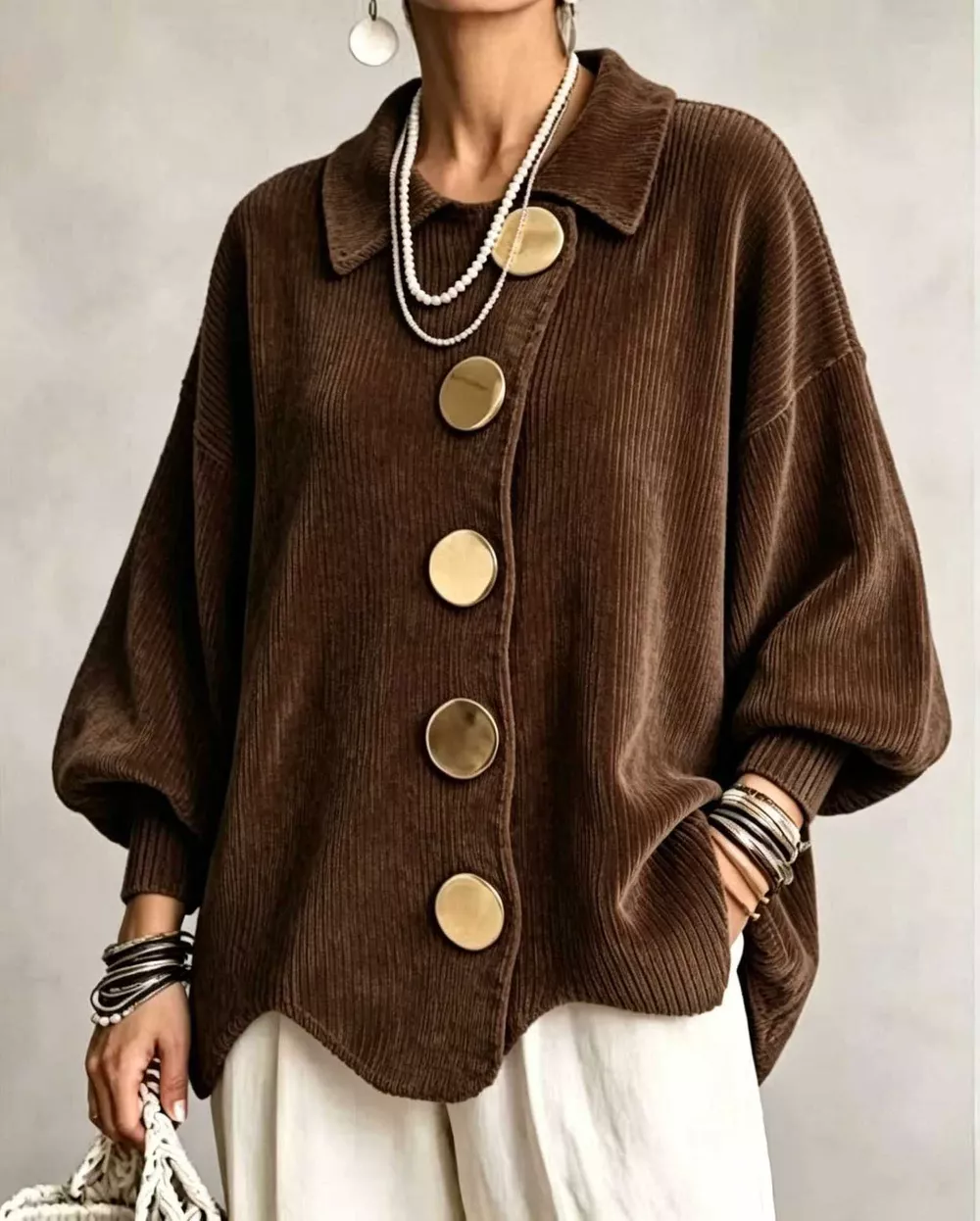 Full Size Ribbed Knit Gold Buttons Cardigan Plus Size, image 34