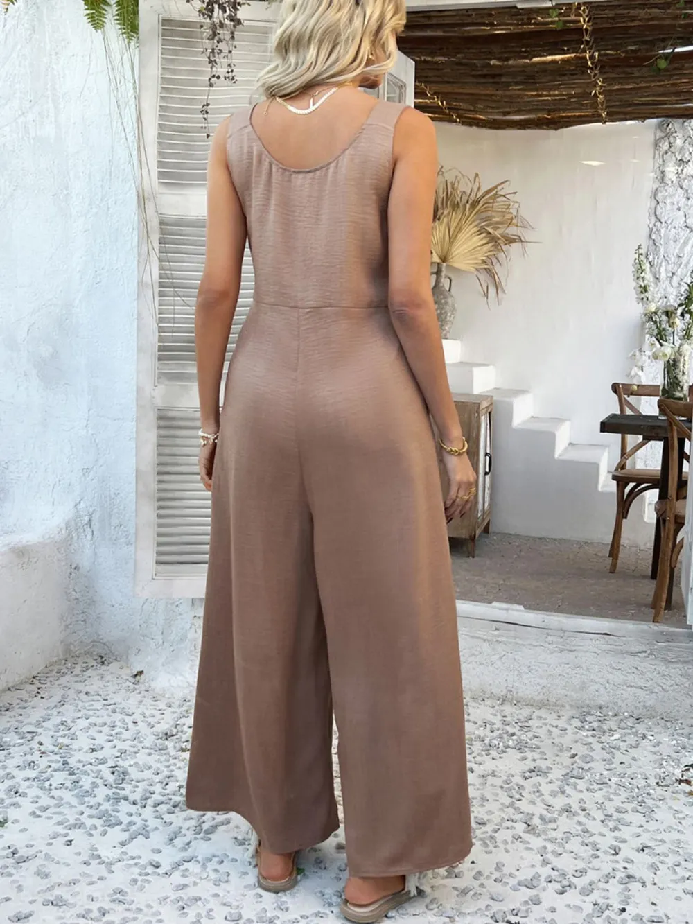 Button Front Knotted Strap Wide Leg Jumpsuit, image 12