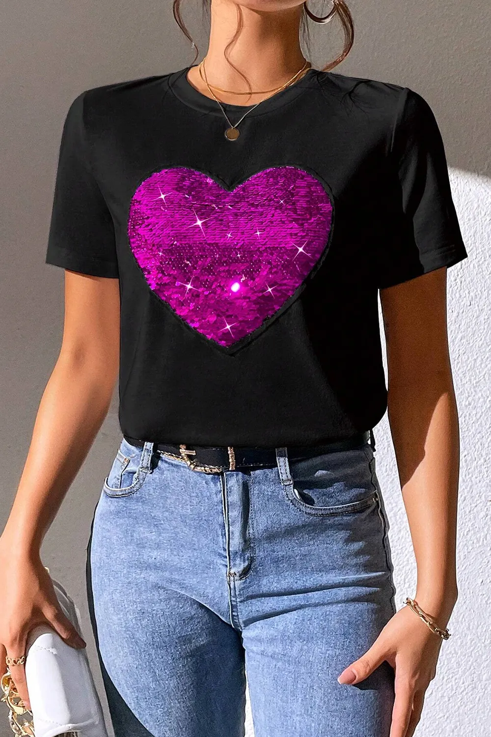 Heart Sequin Round Neck Short Sleeve T-Shirt, image 4