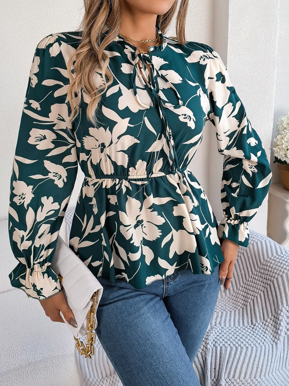 Printed Tie Neck Flounce Sleeve Blouse, image 12
