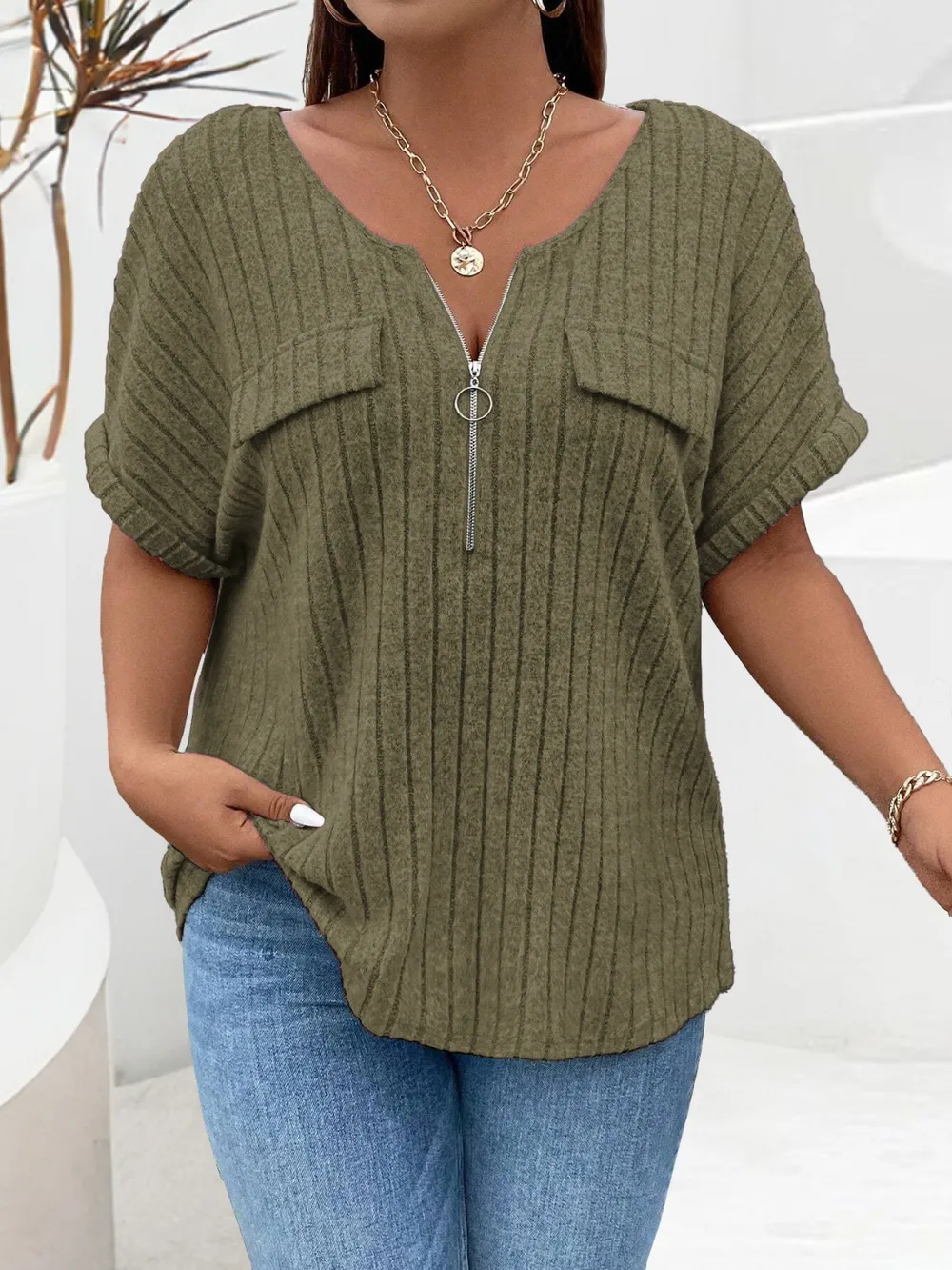 Plus Size Half Zip Short Sleeve T-Shirt, image 6