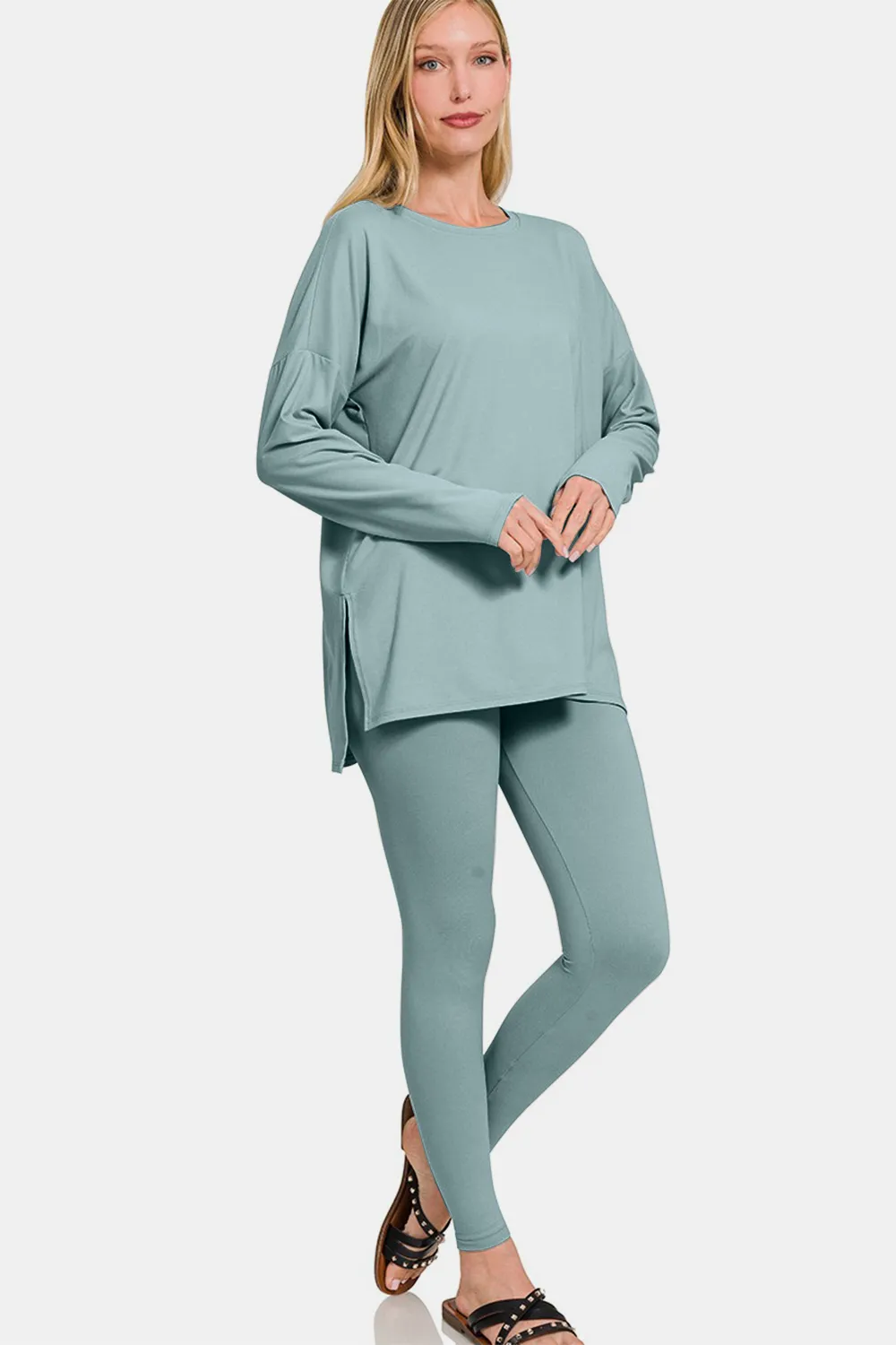 Full Size Brushed Microfiber Top and Leggings Lounge Set, image 2