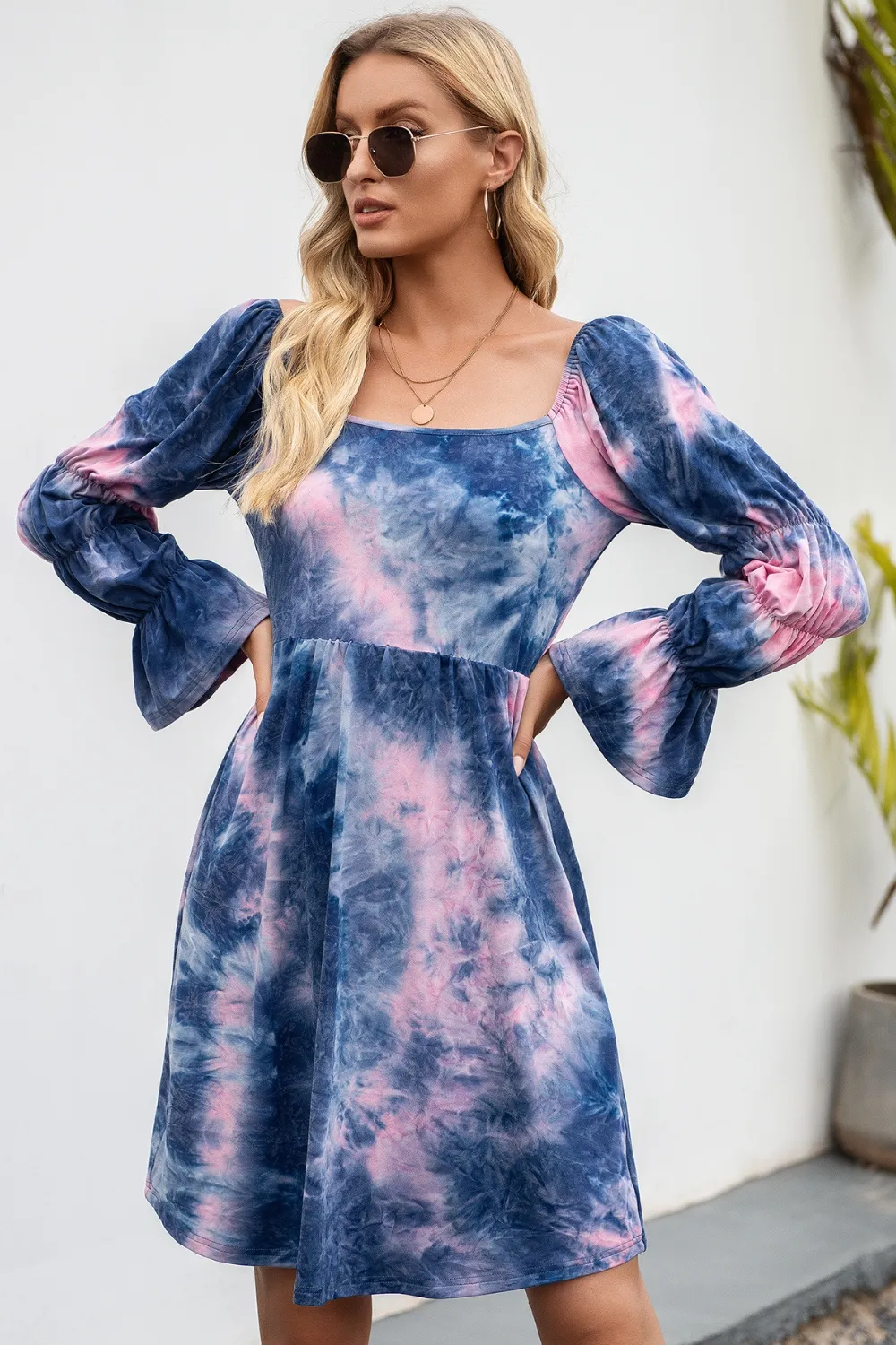 Tie-Dye Square Neck Flounce Sleeve Dress, image 2