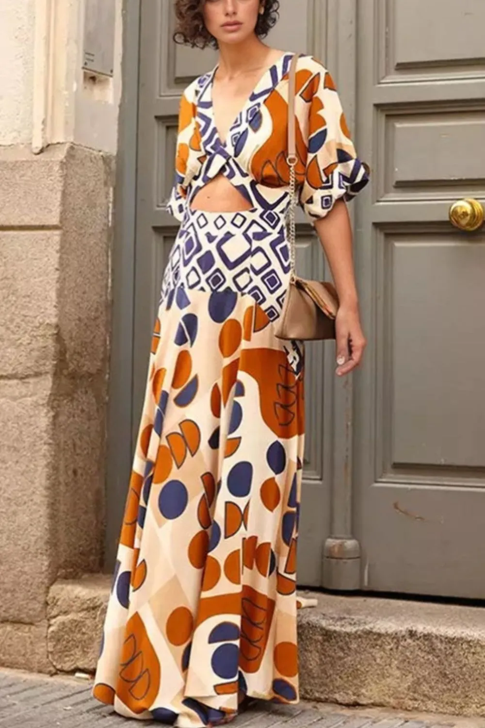 Geometric Print V-Neck Maxi Dress with Cutout Detail, image 3