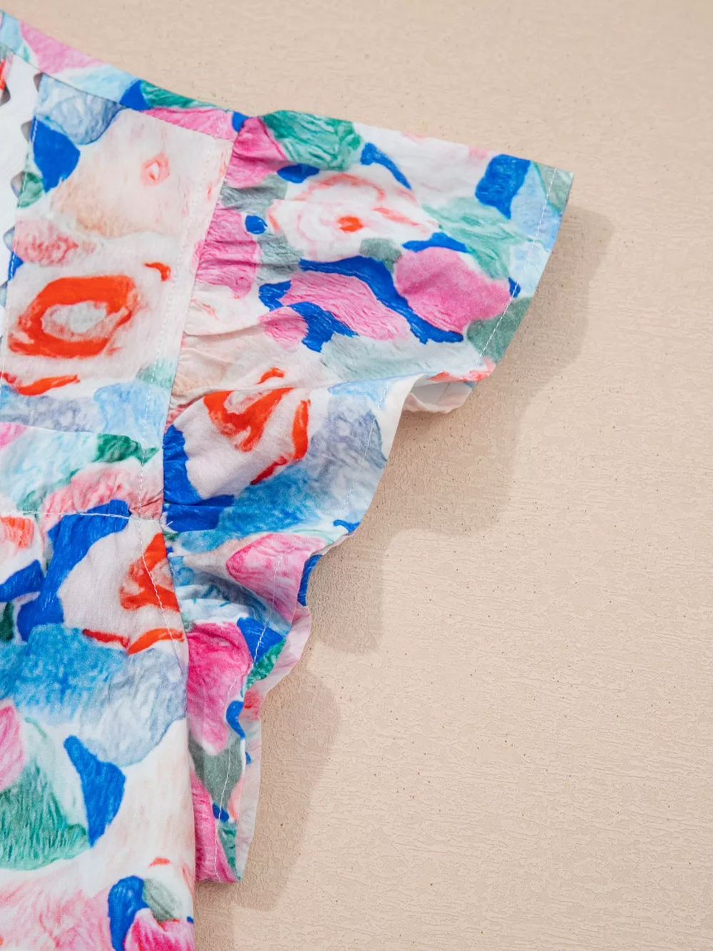 Floral Print Tie V Neck Contrast Detail Ruffle Short Sleeve Blouse, image 6