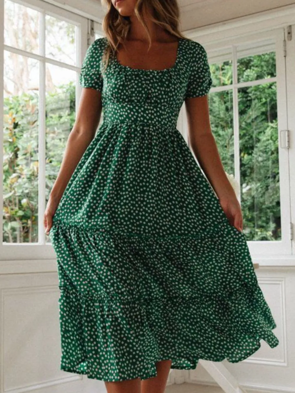 Printed Square Neck Short Sleeve Midi Dress, image 8