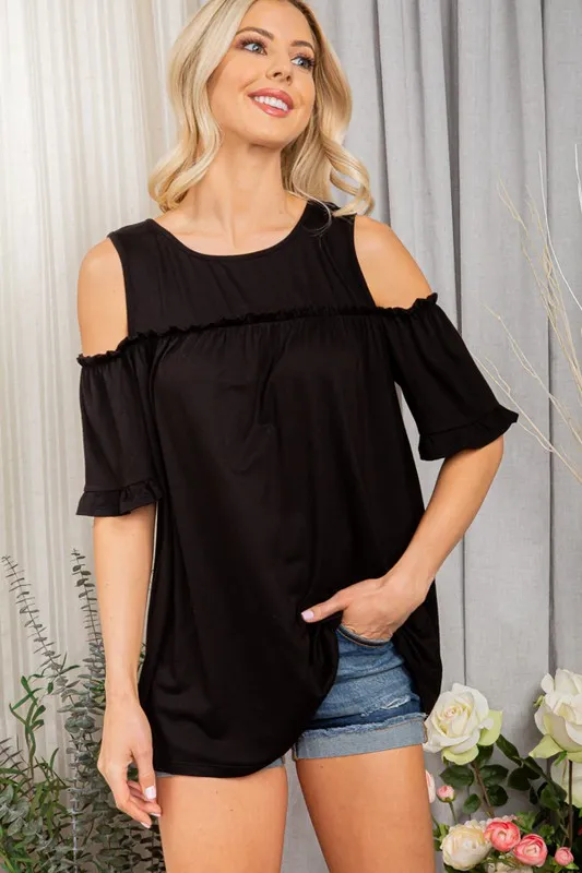 Full Size Frill Round Neck Cold Shoulder T-Shirt Plus Size, image 11