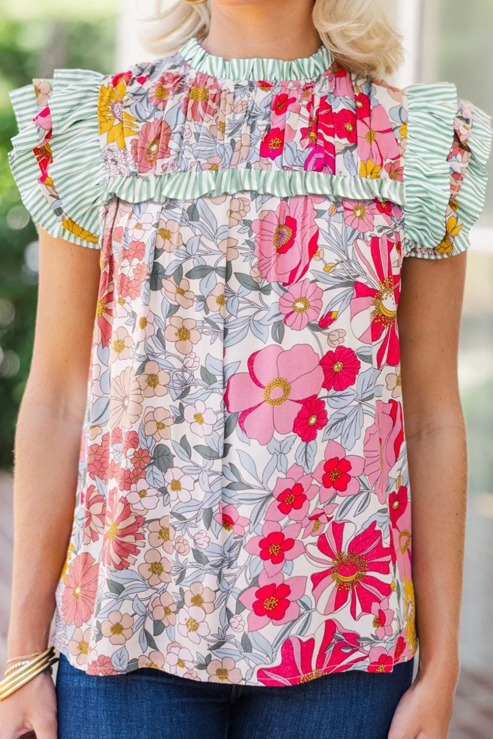Frill Floral Print Ruffle Cap Sleeve Blouse, image 2