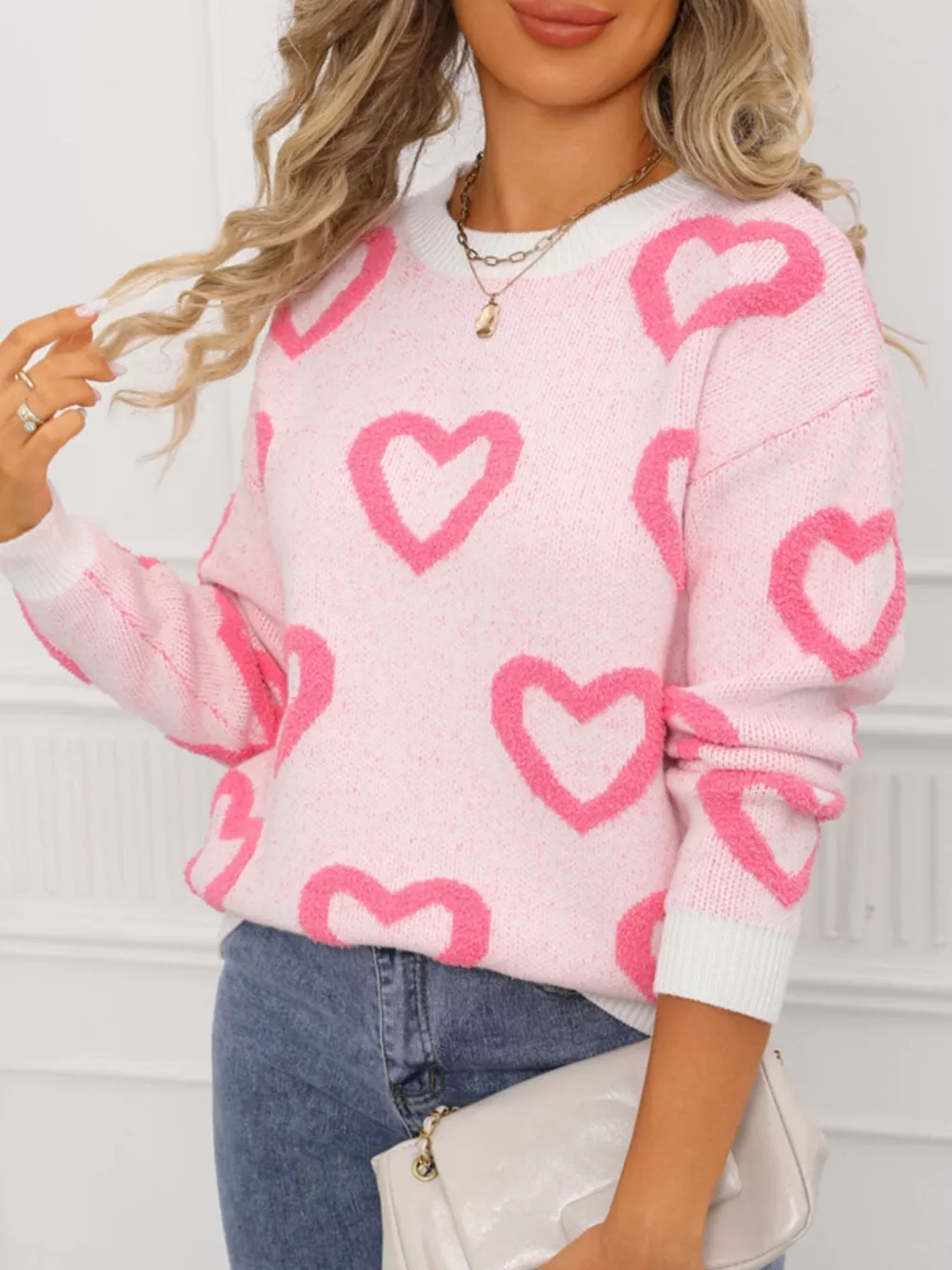 Valentine's Day Heart Pattern Round Neck Sweater, image 4