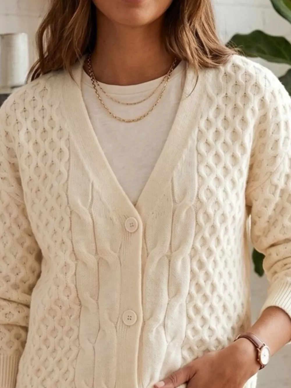 Cable-Knit V-Neck Button-Down Cardigan, image 2