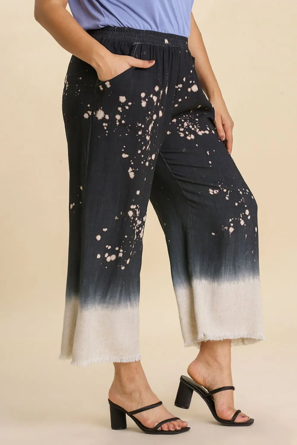 Full Size Raw Hem Linen Blend Bleach Dip Dye Wide Leg Pants Plus Size, image 5
