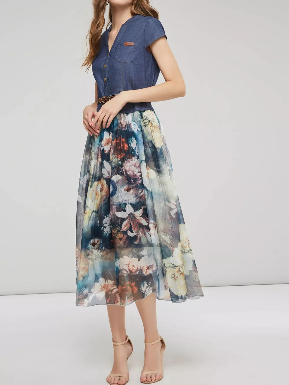 Full Size Patchwork Floral Print Chiffon Dress Plus Size, image 2