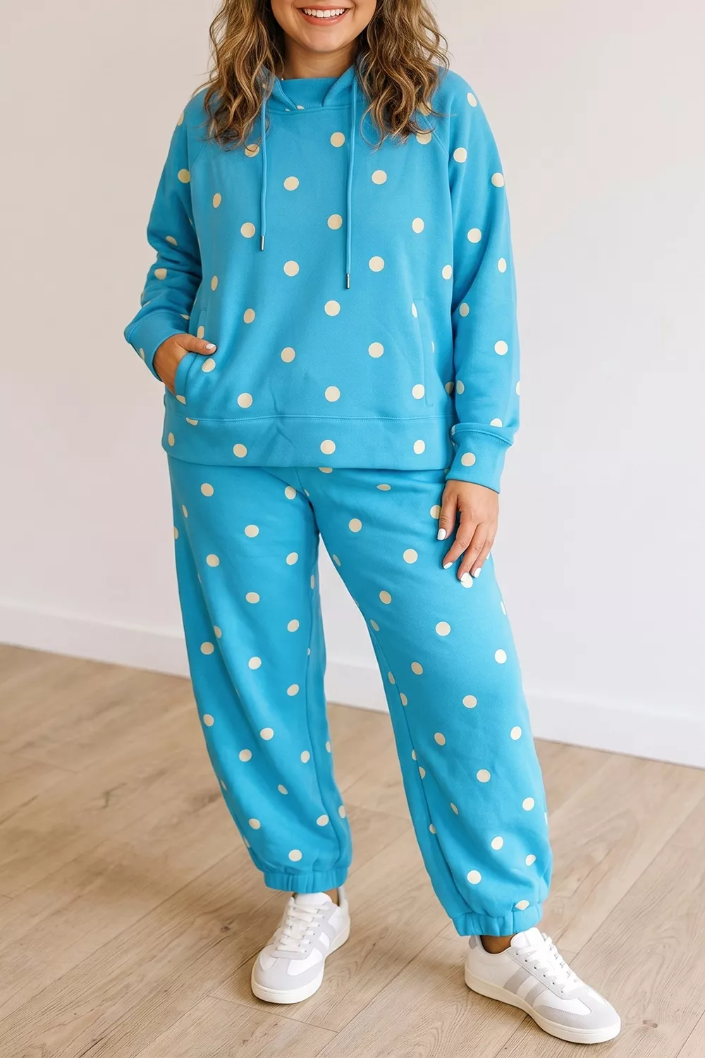 Plus Size Polka Dot Hooded Drawstring Long Sleeve Top and Pants Set, image 2