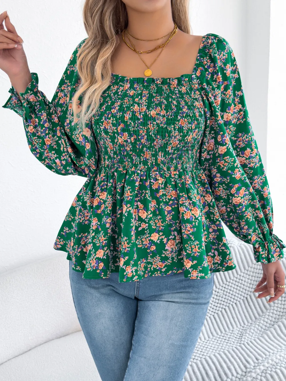 Floral Square Neck Flounce Sleeve Blouse, image 10