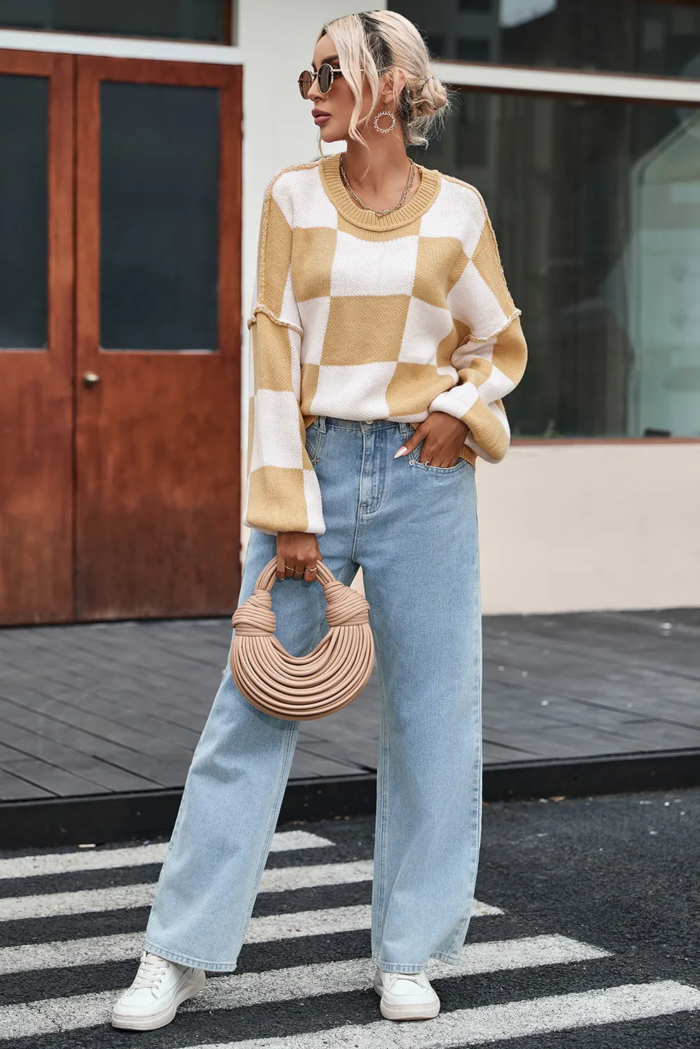 Checkered Exposed Seam Drooped Shoulder Sweater, image 15