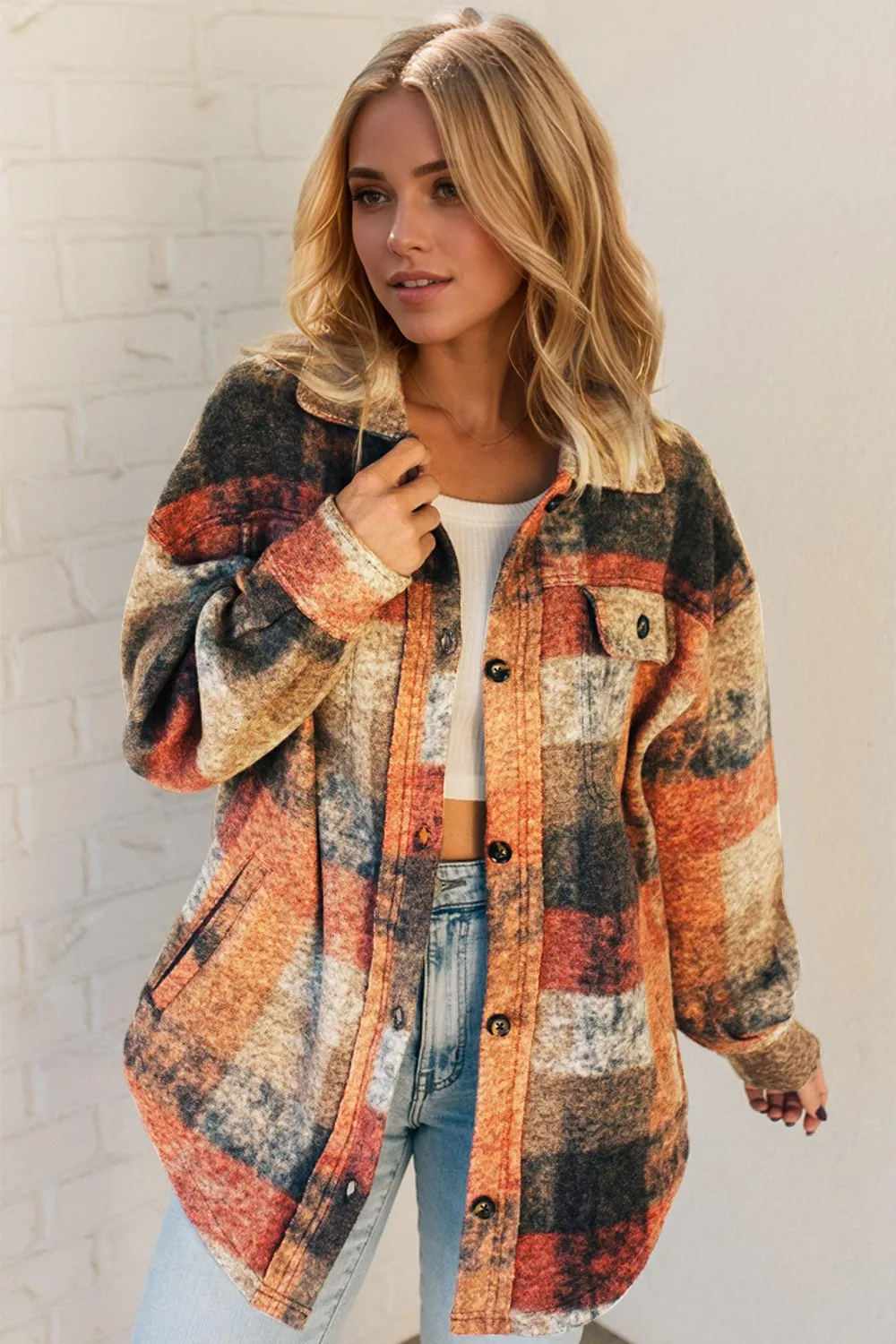 Button Up Plaid Fleece Shacket with Pockets, image 4