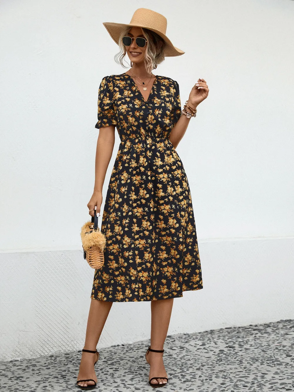 Slit Printed V-Neck Short Sleeve Dress, image 7
