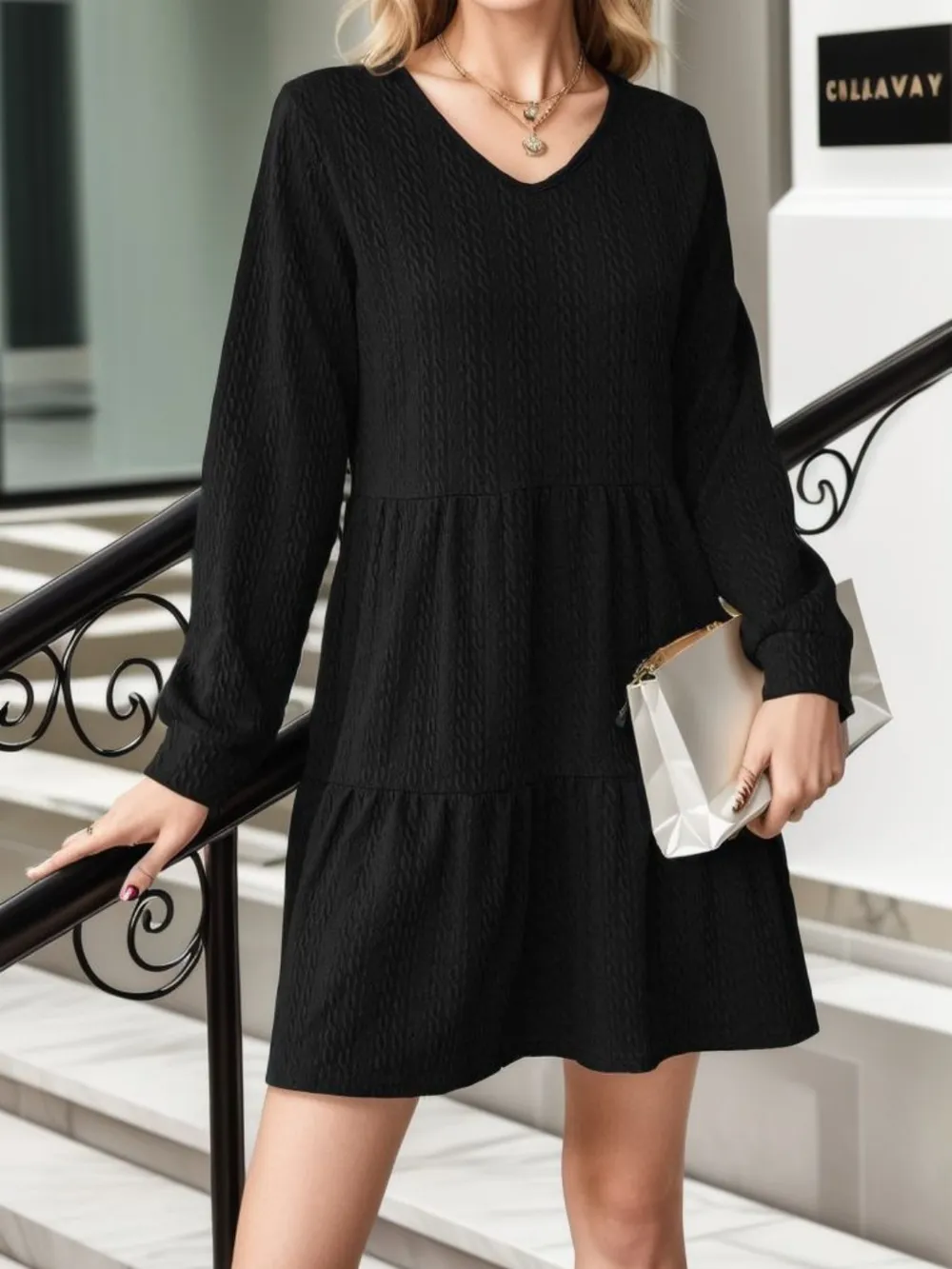 V-Neck Long Sleeve Mini Dress, image 3