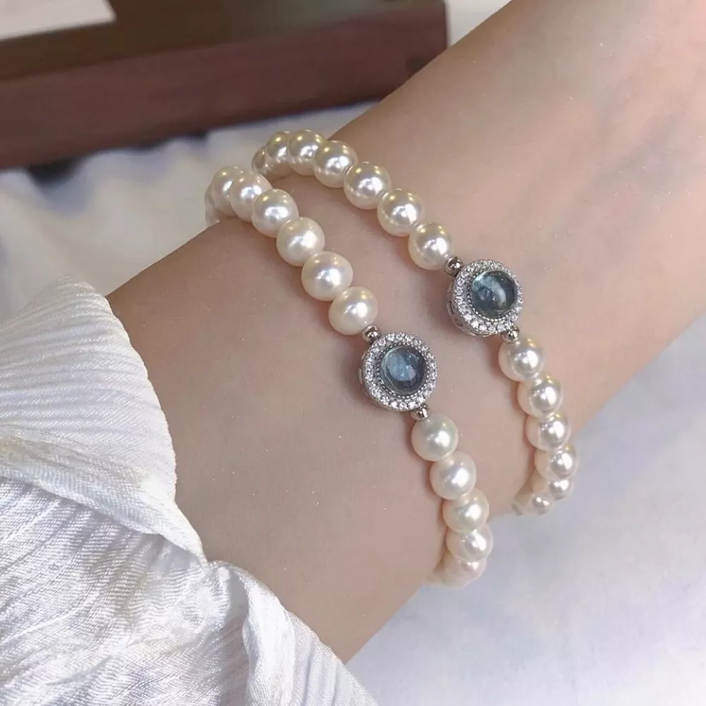 925 Sterling Silver Zircon Bead Pearl Bracelet, image 3