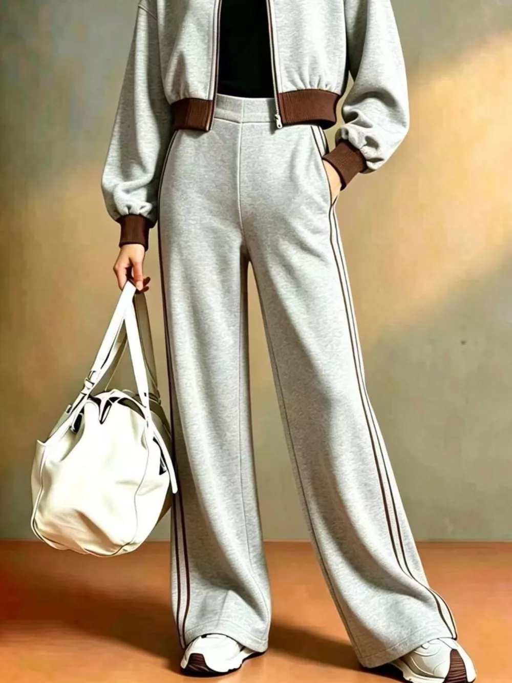 Contrast Ribbed Jacket and Wide-Leg Pants Tracksuit Set, image 8