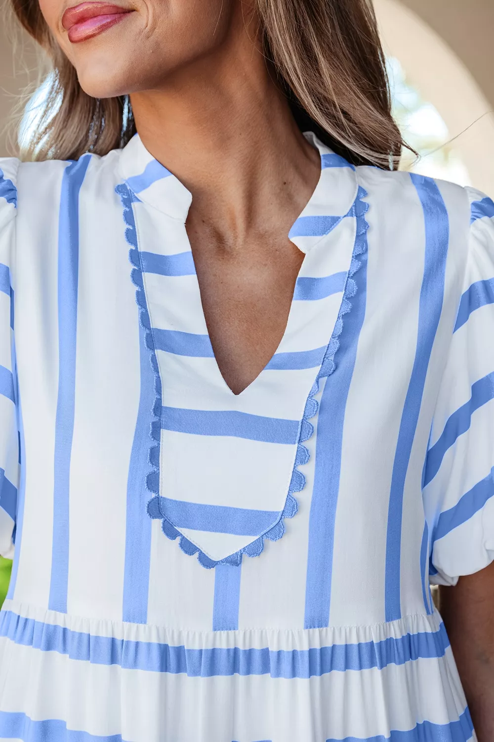 Stripe Ricrac Trim Notched Neck Half Sleeve Vacation Dress, image 4