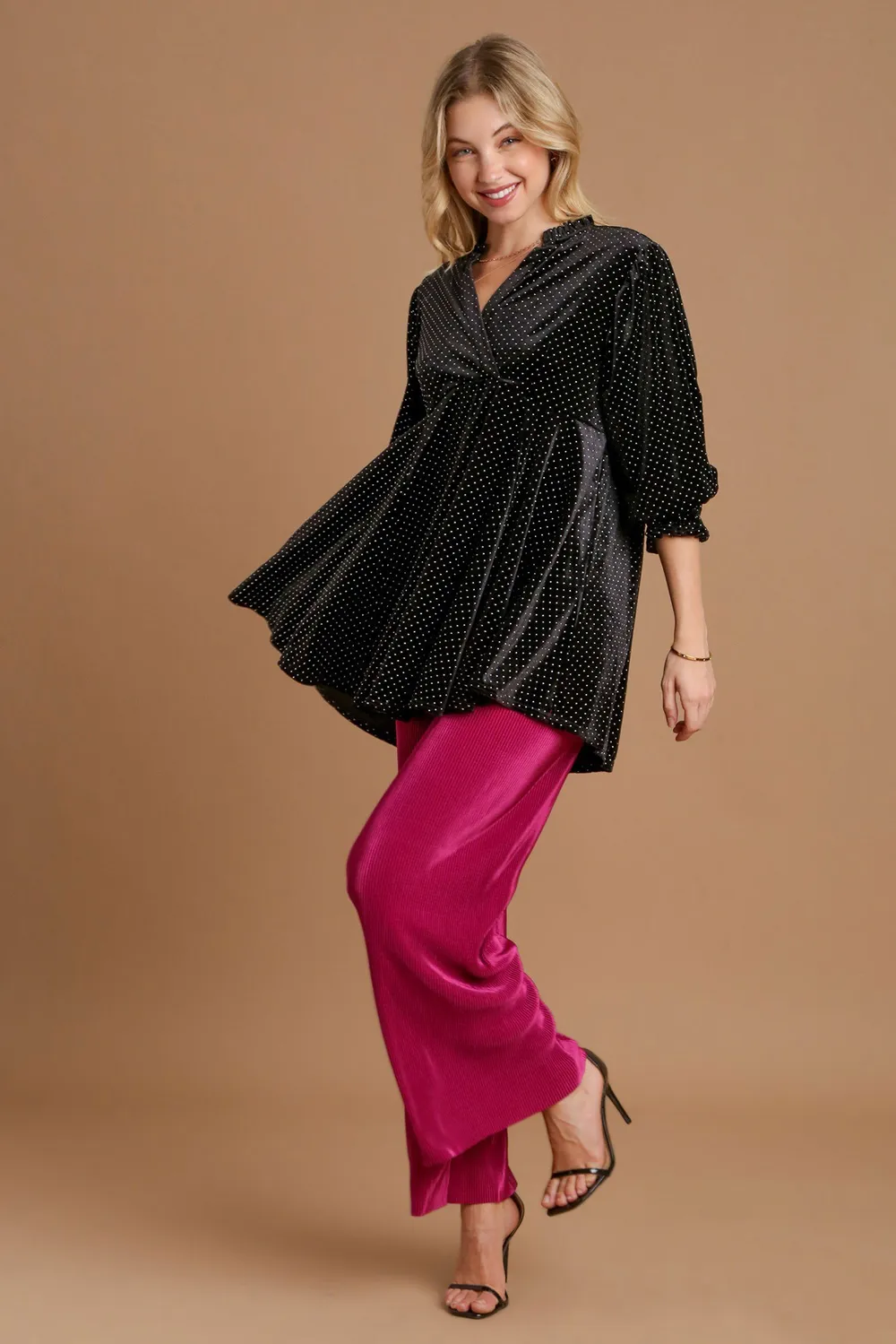 Full Size Beaded Frill Flounce Sleeve Velvet Babydoll Blouse, image 3
