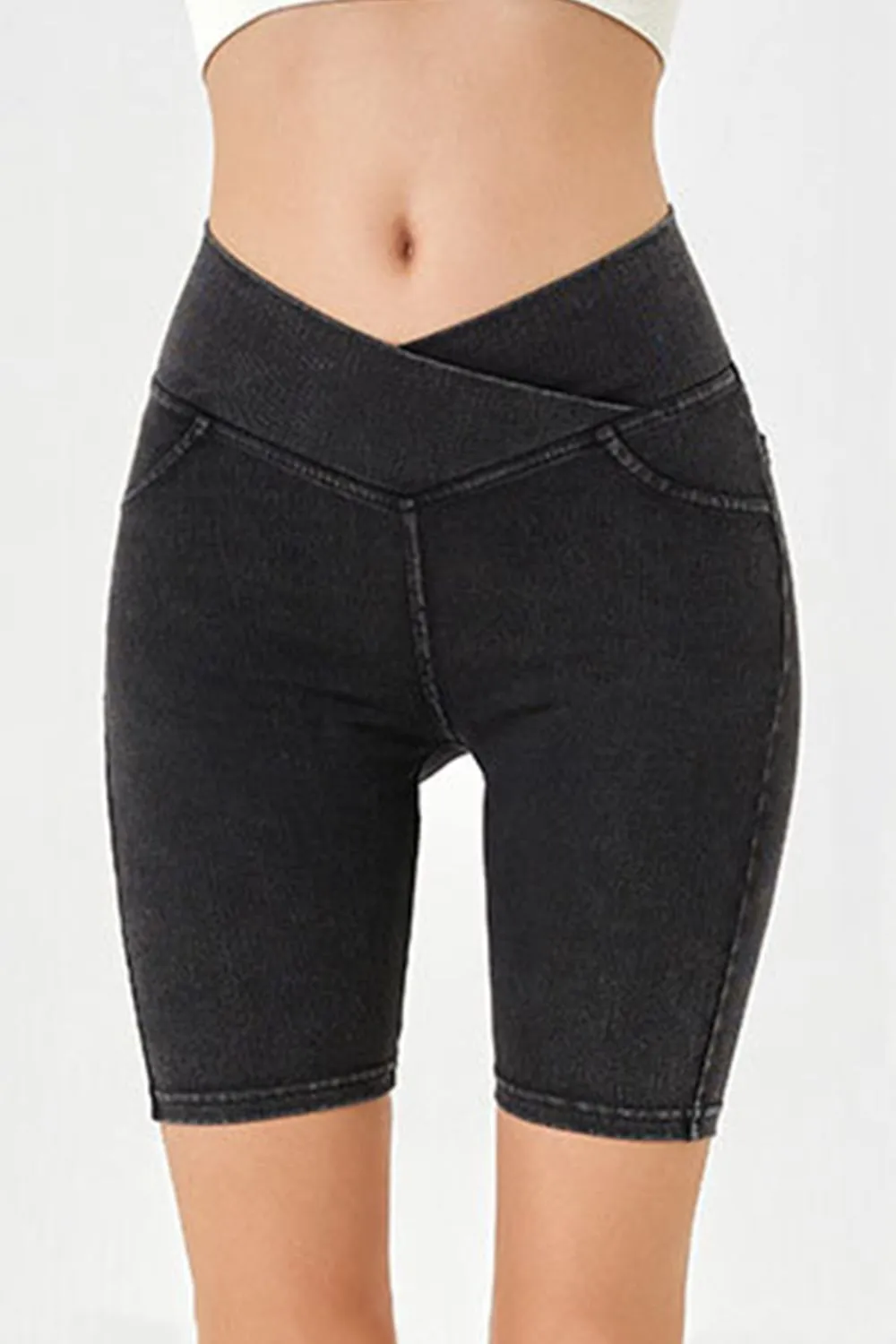 Asymmetrical Waist Denim Shorts with Pockets, image 13