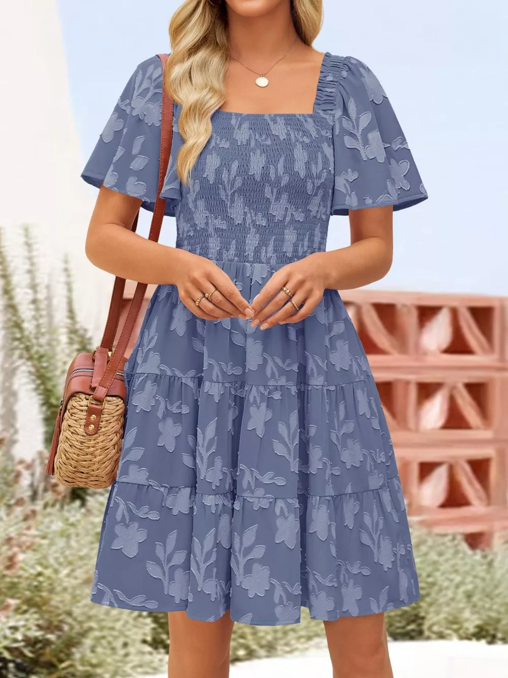Smocked Square Neck Tiered Mini Dress, image 20