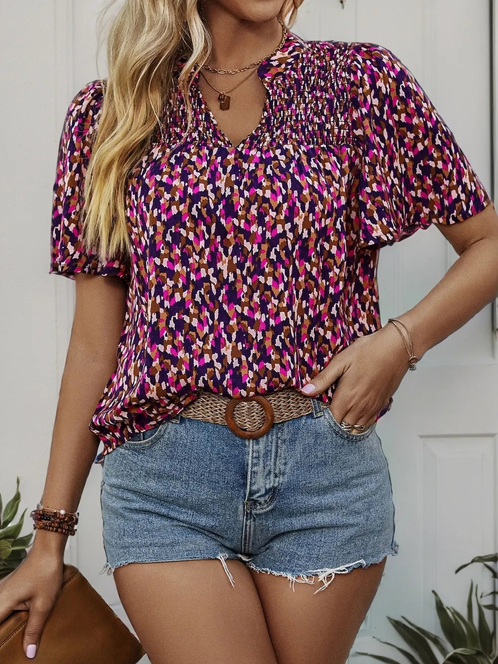 Printed Notched Flutter Sleeve Blouse, image 3