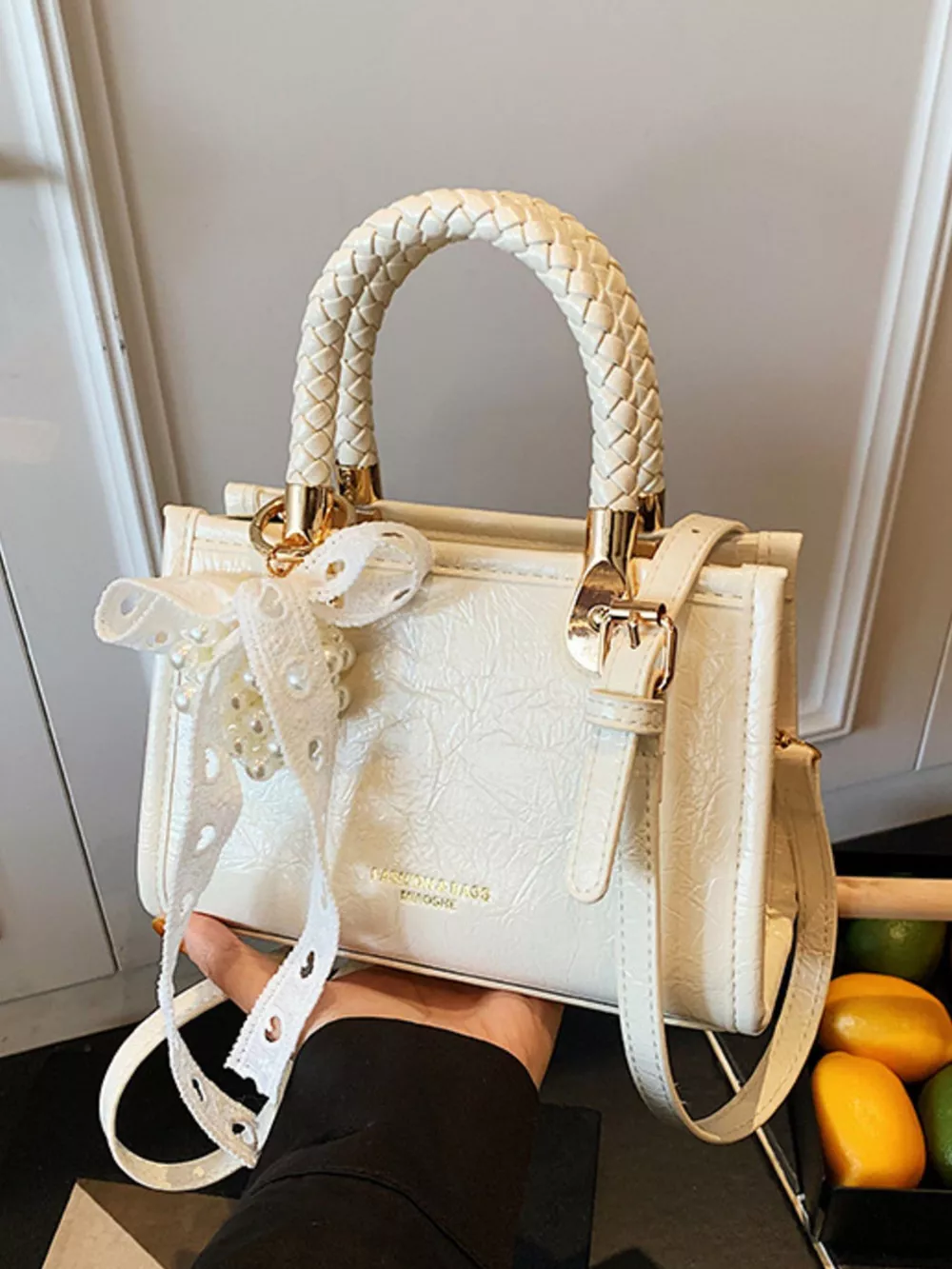 Braided Handle Pearl Decor Crossbody Bag, image 2