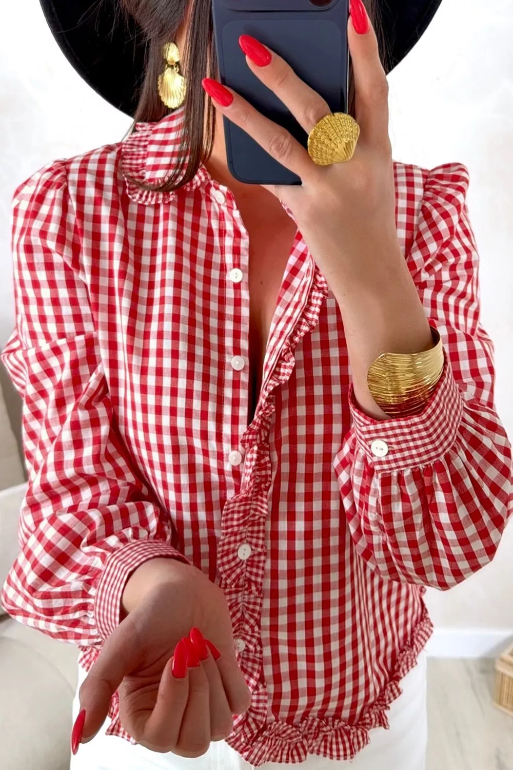 Plaid Long Sleeve Button Down Frill Detail Casual Shirt, image 3