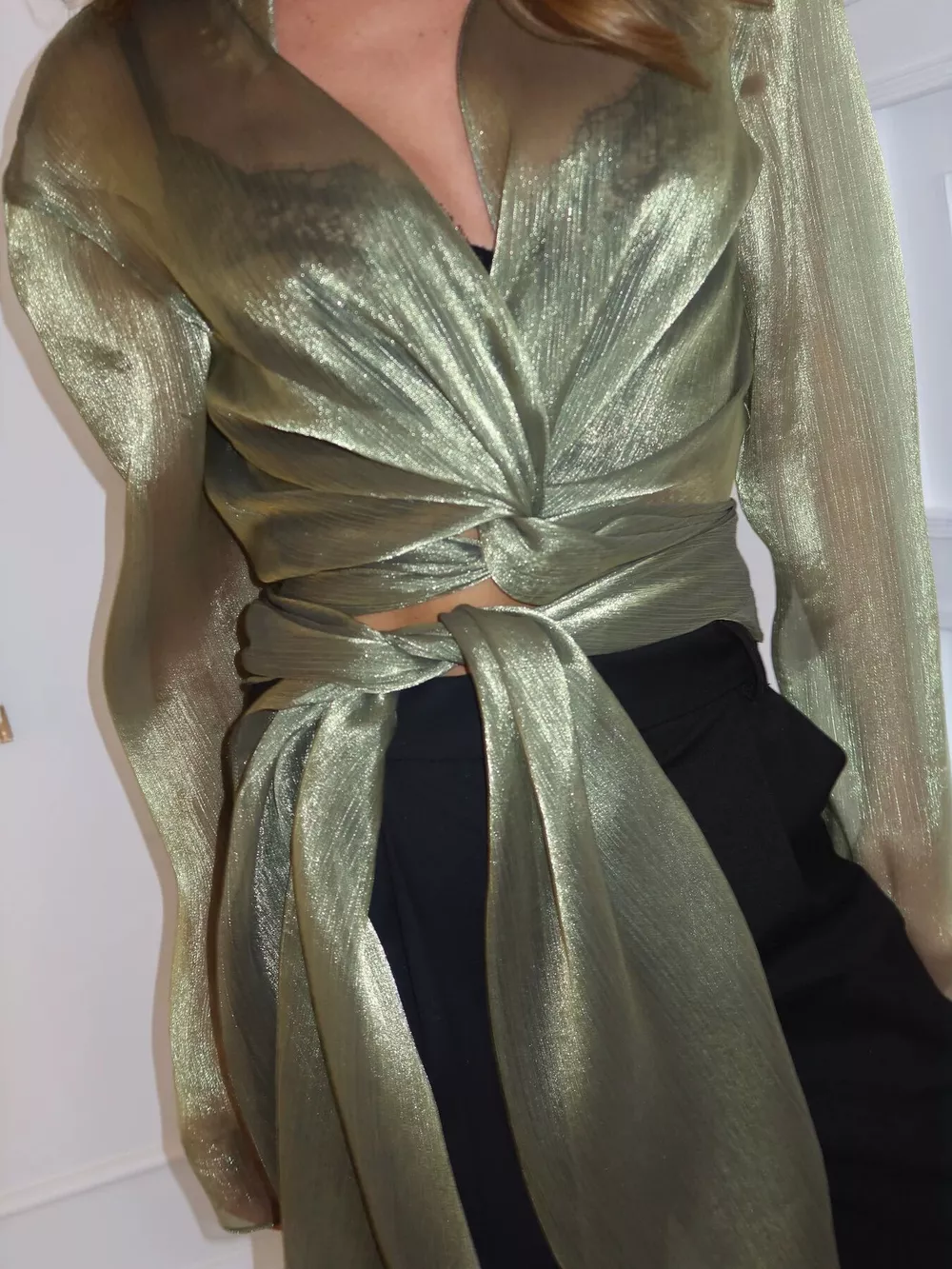 Sheer Front Tie Detail Long Sleeve Shirt, image 4