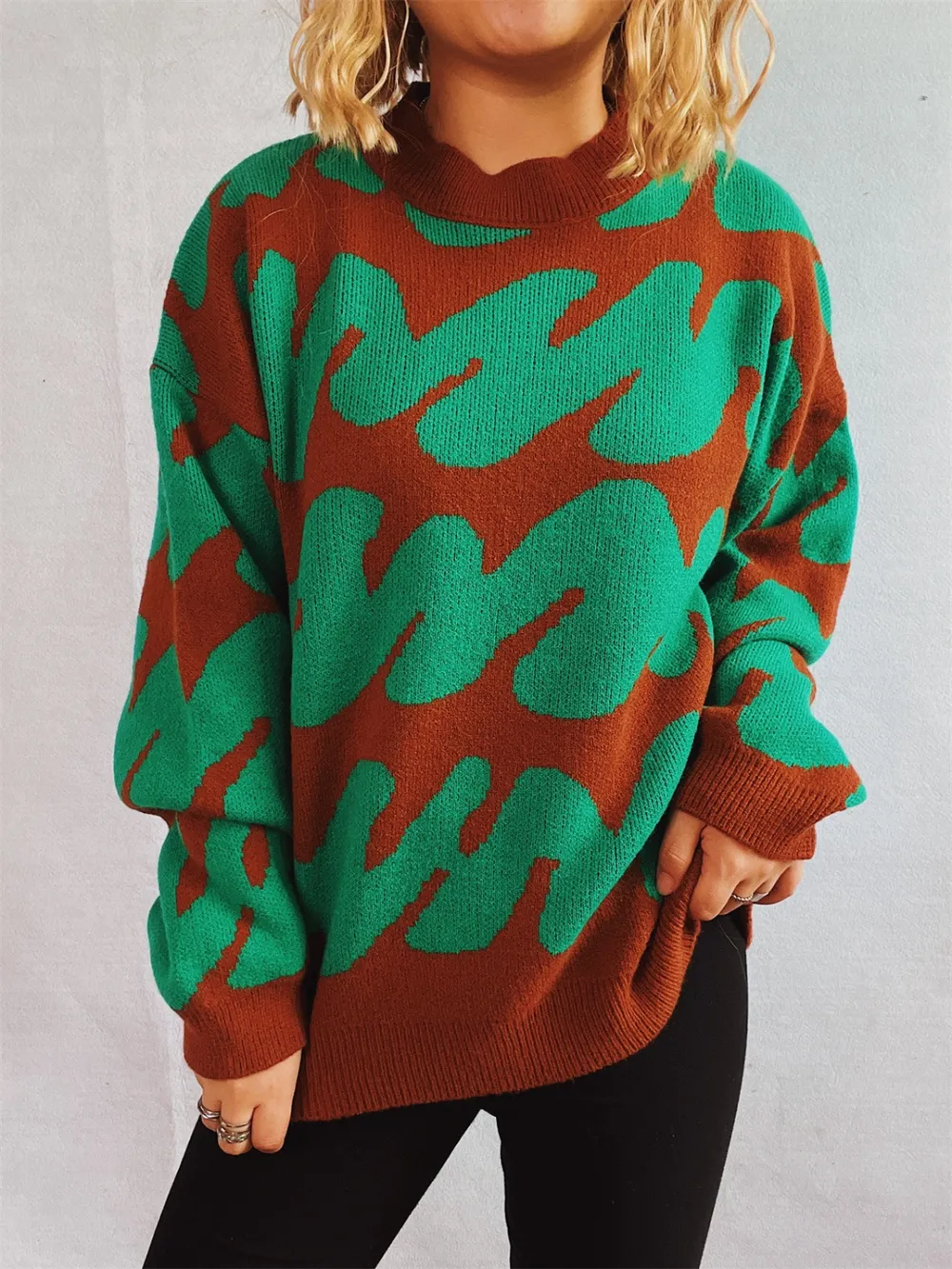 Contrast Round Neck Long Sleeve Sweater, image 11
