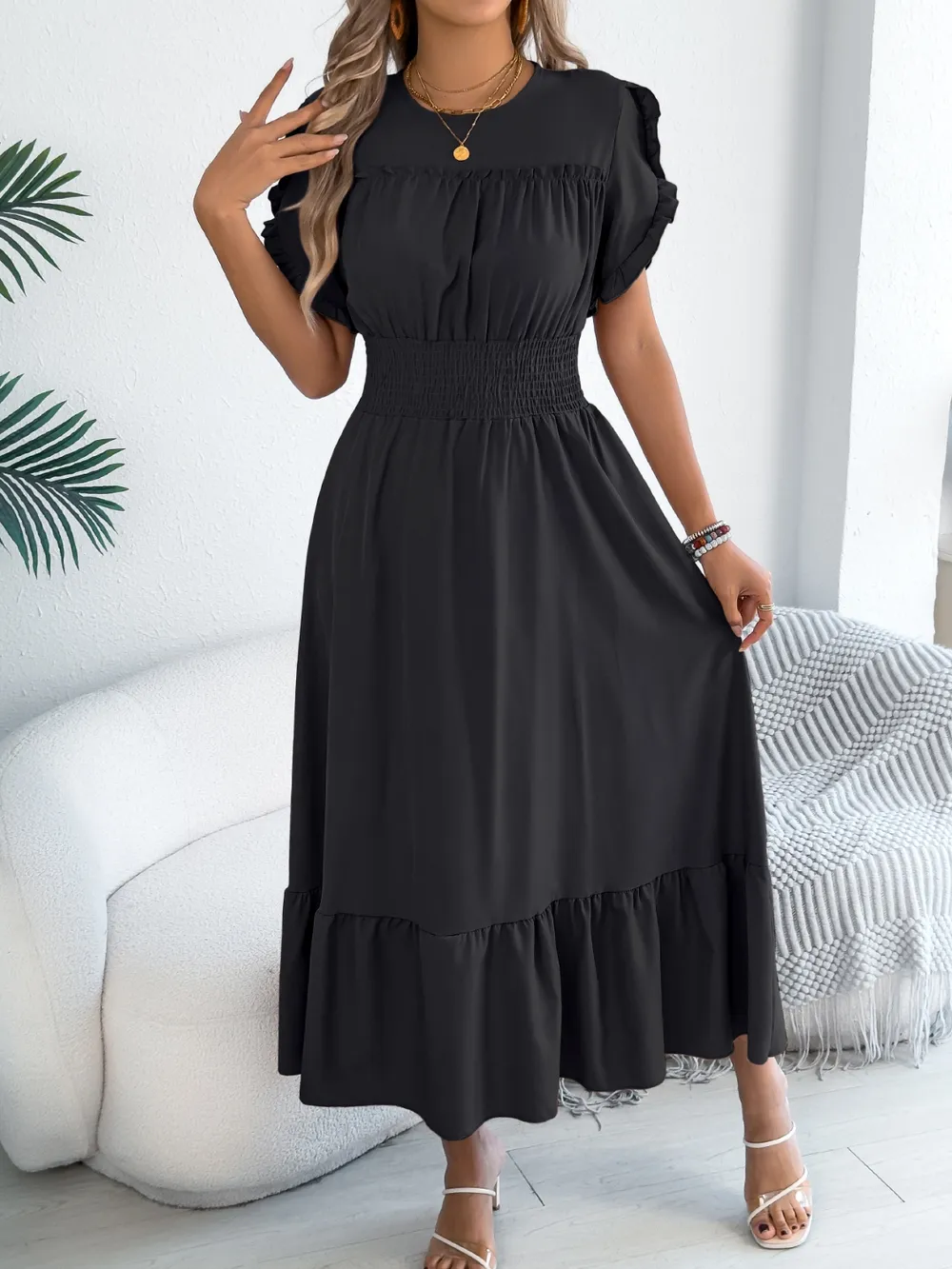 Smocked Frill Round Neck Midi Dress, image 9